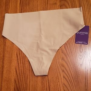 Yummie shaper, tan mid-waist thong, size M